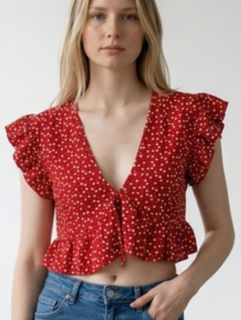 SHEIN Red Heart Print Ruffle Crop Top